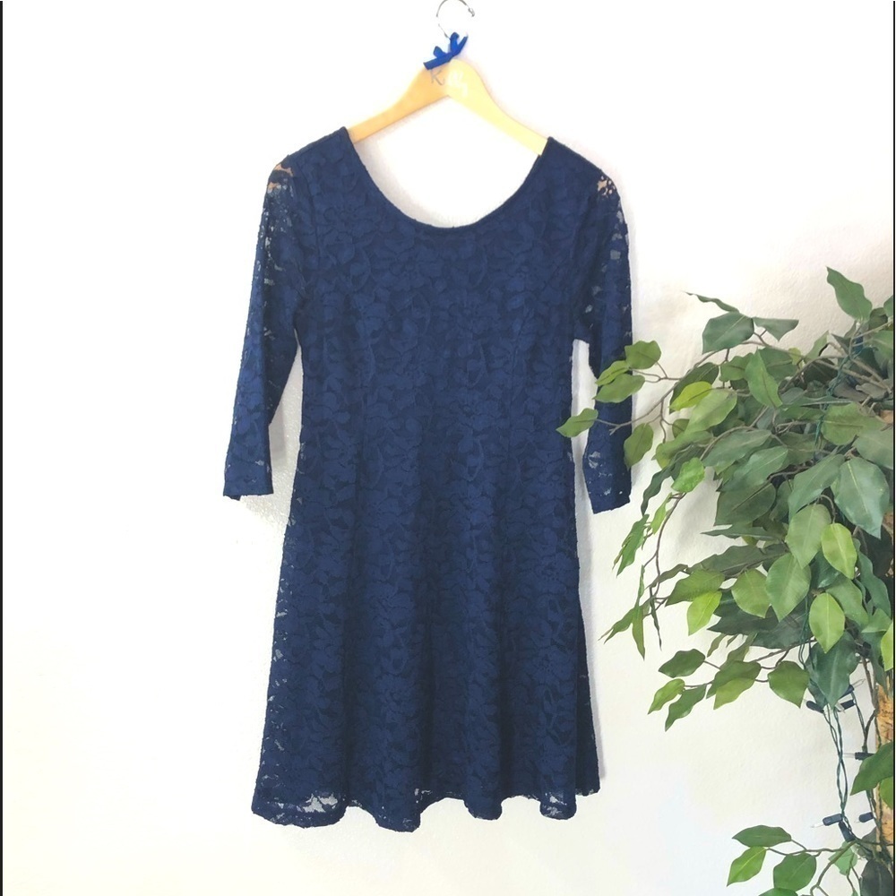 Lush Blue Lace 3/4 Sleeve Dress